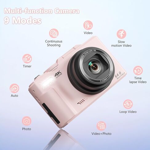 كاميرا رقمية بدقة 4K مع صور بدقة 64 ميجابكسل، وكاميرا تسجيل فيديو مع شاشة قابلة للطي بزاوية 180 درجة، وكاميرا مدمجة للتصوير والتقاط مع شبكة WiFi وبطاقة 32 جيجابايت، سهلة الاستخدام للمبتدئين والسفر، وردي in Kuwait