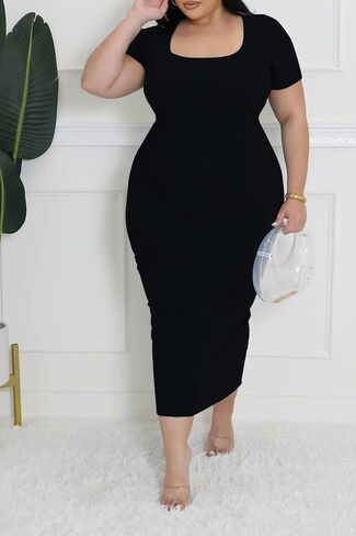 BeadChica Plus Size Bodycon Midi Dresses for Women Ribbed Square Neck Maternity-Friendly Dress for Curvy Ladies Casual Summer in Saudi Arabia