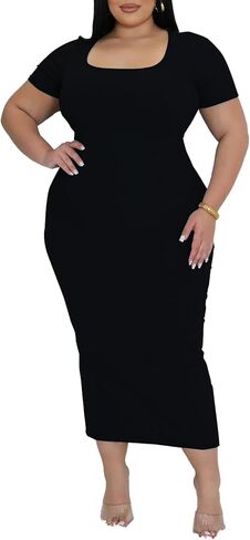 BeadChica Plus Size Bodycon Midi Dresses for Women Ribbed Square Neck Maternity-Friendly Dress for Curvy Ladies Casual Summer in Saudi Arabia