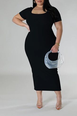 BeadChica Plus Size Bodycon Midi Dresses for Women Ribbed Square Neck Maternity-Friendly Dress for Curvy Ladies Casual Summer in Saudi Arabia