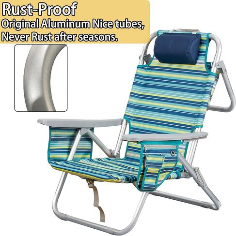 Aluminum Backpack Low Profile Beach Chair - 5-Position Lay Flat Reclining Folding Chair with Removable Cooler Bag - Heavy Duty 330 lbs Capacity, Lightweight Portable Sand Seat - Striped Green in Saudi Arabia