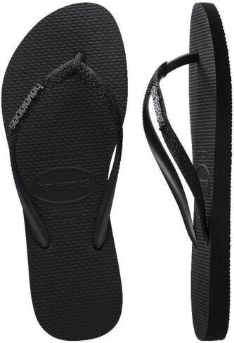 صنادل صيفية للسيدات من Havaianas Slim Glitter II بتصميم نحيف ولمسة نهائية لامعة (أسود أسود، EU 39/40)، أسود، 39/40 EU in Kuwait
