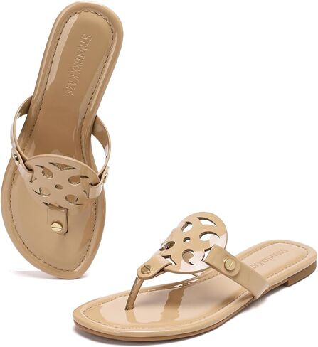 Stratuxx Kaze Women's Dressy Patent Leather Thong Sandals with Memory Foam,Comfy Beach Slides Slip On Flat Sandals for Women in Saudi Arabia