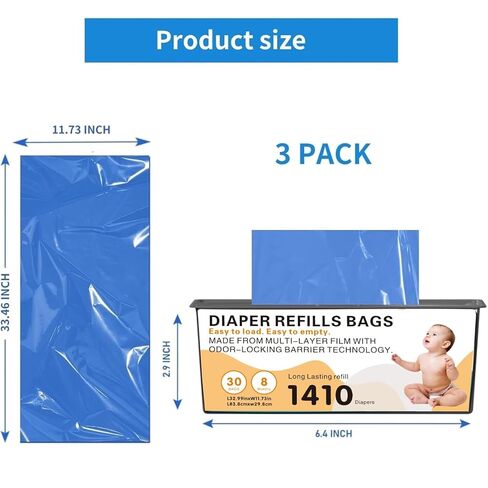Diaper Pail Easy Roll Refill Bags, Compatible with Genie Easy Roll Signature and Platinum Pails, Each 30 Bags Holds Up to 1410 Newborn Diapers, 7-Layer Odor-Barrier Technology, 3 Pack (90 Bags) in Saudi Arabia