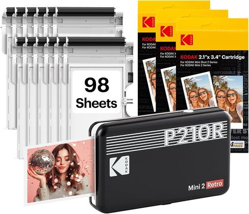KODAK Mini 2 Retro 2x3" Portable Photo Printer, 98 Sheets, Bluetooth Smartphone Printer for iPhone & Android, Instant Color Prints, 4PASS Dye Sublimation, Black in Kuwait