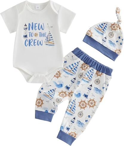 Sasaerucure Newborn Baby Boy Summer Clothes New to The Crew Nautical Short Sleeve Romper and Pants Sail Theme Outfit in Saudi Arabia