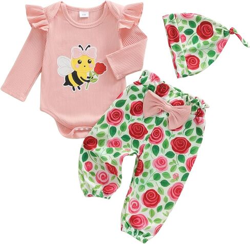 Emmababy Bee Outfit Baby Girl Boy Romper Pants Set Floral Bodysuit Tops and Leggings Infant Newborn Clothes 3 6 12 18 Months in Kuwait