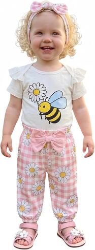 Emmababy Bee Outfit Baby Girl Boy Romper Pants Set Floral Bodysuit Tops and Leggings Infant Newborn Clothes 3 6 12 18 Months in Saudi Arabia
