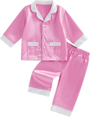 Multitrust Toddler Baby Girl Boy Silk Pajamas Set Patchwork Long Sleeve Button Down Shirts and Pants Satin Pj Lounge Sets in Kuwait