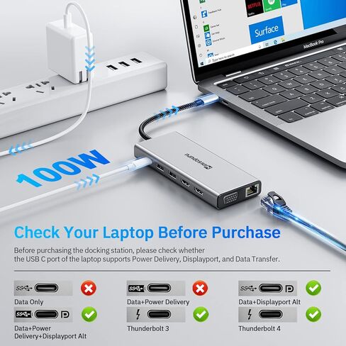 محطة إرساء كمبيوتر محمول USB C 9 في 1 شاشة مزدوجة لأجهزة MacBook Pro/Surface/XPS/HP، ومحول USB C Dock USB C متعدد المنافذ مع 4K@60 هرتز، 3 X USB، جيجابت إيثرنت، 100 وات PD، SD/TF in Kuwait