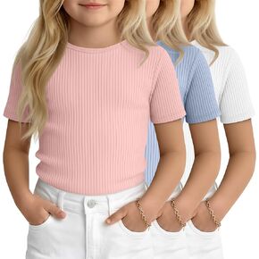 3 Pack Toddler Girls' Ribbed Shirts Short Sleeve Crew Neck T Shirts Knit Slim Fit Soft Solid Base Layer Tee 18M-5T in Kuwait