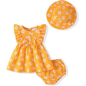 Vibebox Baby Girl Ruffle Sleeveless Bow Dresses Toddler Girl Princess Summer Dress Birthday with Hat and Underwear Outfits in Kuwait