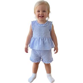 Toddler Baby Girl Summer Outfits Plaid Ruffle Sleeveless Shirt Tank Dress Top and Shorts Summer Clothes Set 2 Piece in Saudi Arabia