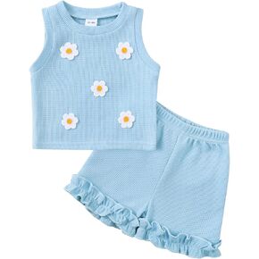 Kislio Toddler Baby Girl Outfits Floral Summer Clothes Waffle Sleeveless Tops Ruffle Shorts Cute Infant Spring Clothes Set in Saudi Arabia