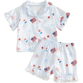 Kuriozud Kids Toddler Girl 4th of July Pajamas Short Sleeve Button Down Shirt Top and Shorts 2pcs Pjs Sets Sleepwear in Kuwait