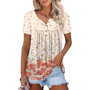 ONLYSHE Womens Summer Short Sleeve Shirts V Neck Tops Casual Tunic Floral Ruffle Blouse in Saudi Arabia
