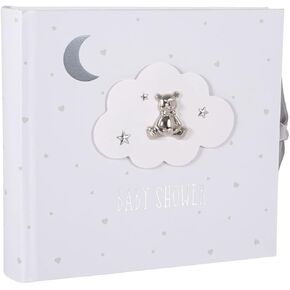 ألبوم صور استحمام للأطفال باللون الأبيض العاجي الجميل من Happy Homewares مع دمية دب ونجوم مطلية بالفضة | يحمل 80 صورة | شريط قماش رمادي فاخر in Kuwait