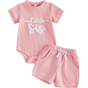 allshope Newborn Baby Girl Summer Outfit Romper Little Sister Lil Sis Embroidery Jumpsuit Tops Shorts Infant Waffle Clothes in Kuwait