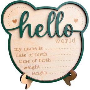 Wooden Newborn Birth Announcement Ornament, Hello World Baby Keepsake Sign with Name Date Time Weight Length, Nursery Room Decor for Kids in Kuwait