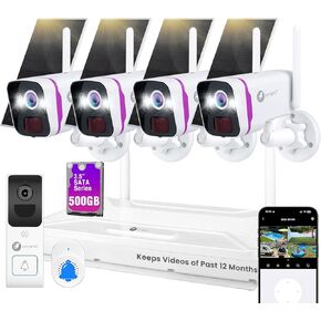 xmartO [Doorbell + 4-CAM] كاميرا أمان شمسية خالية من الأسلاك ومجموعة جرس باب ذكي، 4 قطع كاميرا لاسلكية بدقة 4 ميجابكسل QHD و4K 10CH WiFi6 NVR مع محرك أقراص ثابتة سعة 500 جيجابايت وجرس باب فيديو ثنائي النطاق 2.4G/5G، بدون رسوم شهرية in Kuwait