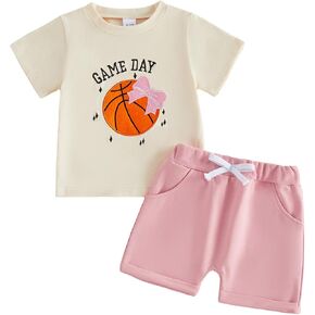 Toddler Baby Girl Game Day Outfit Summer Clothes Ball Theme Embroidery Short Sleeve T-Shirt Shorts 2Pcs Set in Kuwait