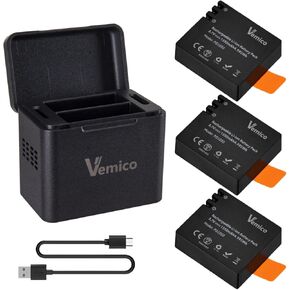 Vemico Action Camera Battery Charger 3-Pack 1350mAh PG1050 Battery LED Dual-Charger Box USB-C Cable for AKASO EK7000,Brave 4,EK7000 pro,SJCAM SJ4000,Wolfang,Dragon Touch,Apexcam Sport Cameras in Saudi Arabia
