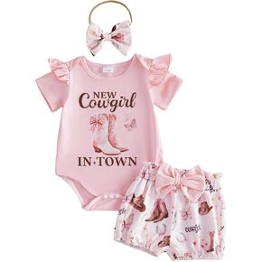 Baby Girl Western Clothes Infant Horse Boots Cowgirl Summer Outfits Short Sleeve Romper + Shorts + Headband in Saudi Arabia