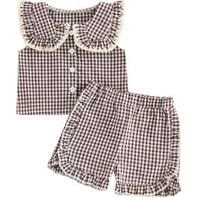 MA&BABY Toddler Girl Summer Outfits Plaid Bowknot Front Fly Sleeve T-shirt Tops Kids Girl Shorts Clothes Set in Kuwait
