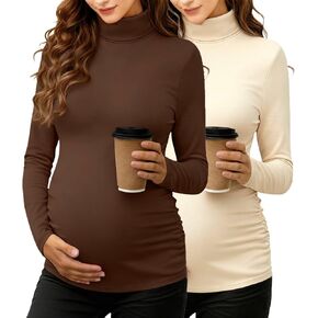 2 Pack Women's Maternity Shirts Long Sleeve Turtleneck Pregnancy Tops Casual Ruched Pregnant Tees 2026 Clothes in Kuwait
