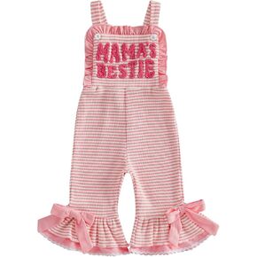 Aunties Bestie Baby Clothes Girl Sleeveless Bell Bottom Romper Letter Embroidered Striped Overalls Knit Jumpsuit in Saudi Arabia