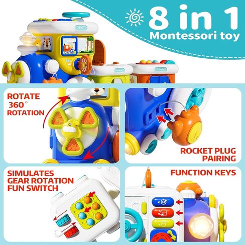Montessori Toys for 1 Year Old Boy Girl, Musical Train Baby Toys 6-12 Months, 8 in 1 Activity Cube with Light Sound, Educational Gifts for Toddlers 1-3 in Kuwait