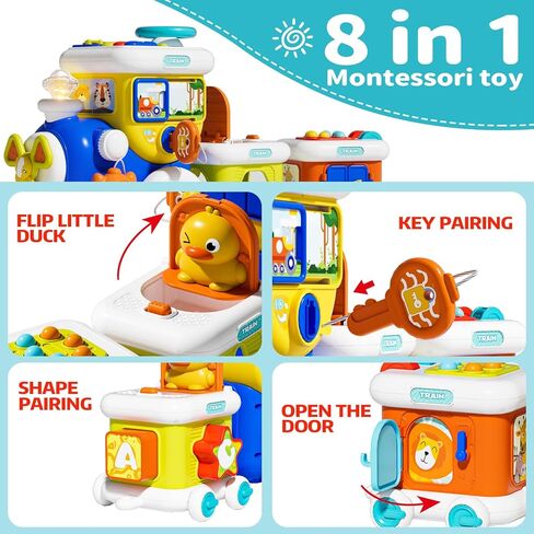Montessori Toys for 1 Year Old Boy Girl, Musical Train Baby Toys 6-12 Months, 8 in 1 Activity Cube with Light Sound, Educational Gifts for Toddlers 1-3 in Kuwait