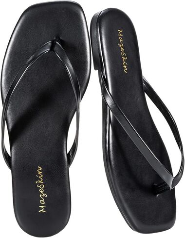 mazeskin Womens Flip Flops Vegan Leather Memory Foam Square Toe Flat Sandals Summer Beach Slides in Kuwait