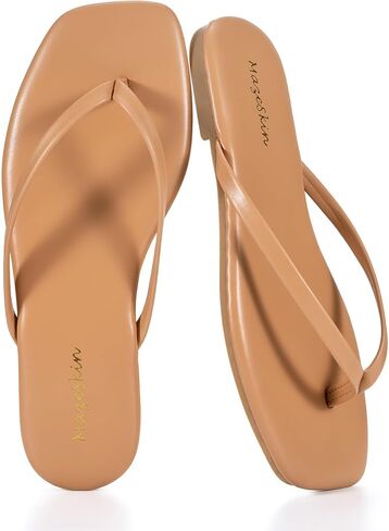mazeskin Womens Flip Flops Vegan Leather Memory Foam Square Toe Flat Sandals Summer Beach Slides in Saudi Arabia