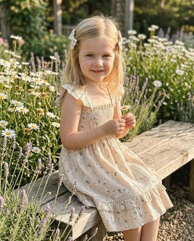 فستان Noubeau للفتيات الصغيرات فستان صيفي Smocked Boho بدون أكمام مكشكش لفستان طفل صغير فستان صيفي للشاطئ in Kuwait