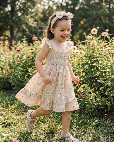 فستان Noubeau للفتيات الصغيرات فستان صيفي Smocked Boho بدون أكمام مكشكش لفستان طفل صغير فستان صيفي للشاطئ in Kuwait