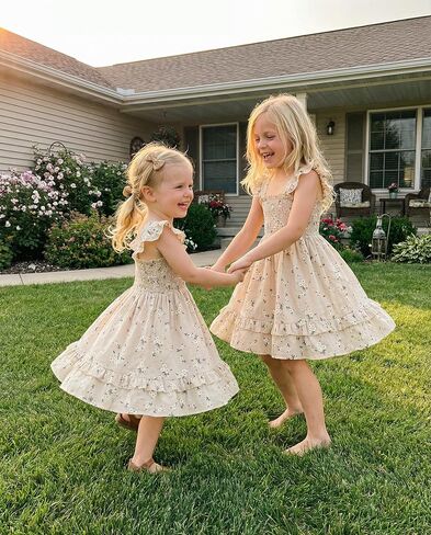 فستان Noubeau للفتيات الصغيرات فستان صيفي Smocked Boho بدون أكمام مكشكش لفستان طفل صغير فستان صيفي للشاطئ in Kuwait