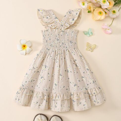 فستان Noubeau للفتيات الصغيرات فستان صيفي Smocked Boho بدون أكمام مكشكش لفستان طفل صغير فستان صيفي للشاطئ in Kuwait