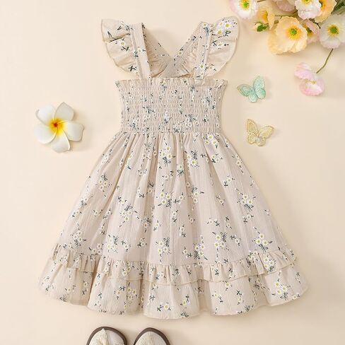 فستان Noubeau للفتيات الصغيرات فستان صيفي Smocked Boho بدون أكمام مكشكش لفستان طفل صغير فستان صيفي للشاطئ in Kuwait