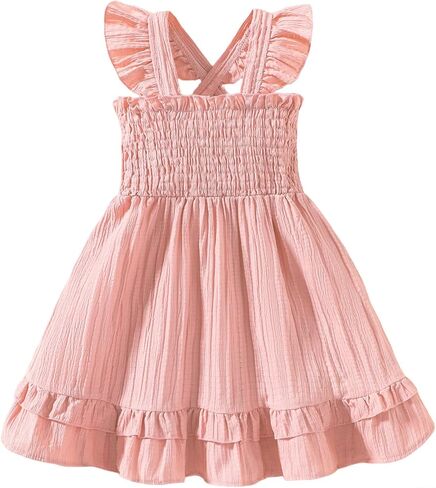 فستان Noubeau للفتيات الصغيرات فستان صيفي Smocked Boho بدون أكمام مكشكش لفستان طفل صغير فستان صيفي للشاطئ in Kuwait