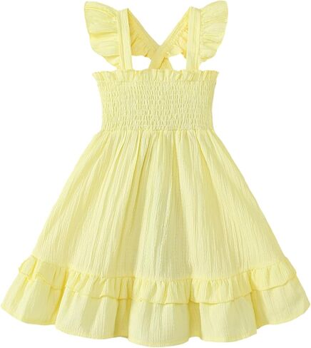 فستان Noubeau للفتيات الصغيرات فستان صيفي Smocked Boho بدون أكمام مكشكش لفستان طفل صغير فستان صيفي للشاطئ in Kuwait