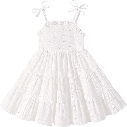 JEELLIGULAR Toddler Girl Summer Dress Tie Strap Sleeveless Sundress White/Floral/Denim Beach Dresses for Baby Girls 12M-6Y in Saudi Arabia