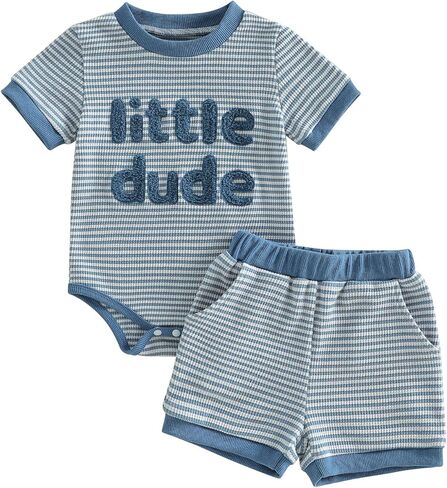 FOCUSNORM Newborn Baby Boy Summer Clothes 3 6 12 18 Months Outfit Letter Embroidery Waffle Short Sleeve Romper & Shorts Set in Saudi Arabia
