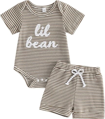 FOCUSNORM Newborn Baby Boy Summer Clothes 3 6 12 18 Months Outfit Letter Embroidery Waffle Short Sleeve Romper & Shorts Set in Saudi Arabia