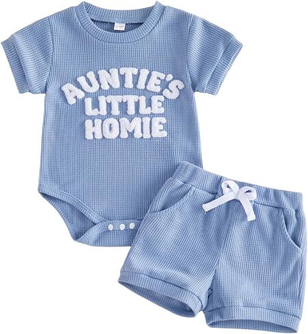 Aunties Little Homie Baby Clothes Newborn Boy Short Sleeve Letter Romper and Waffle Shorts Sets 2Pcs Summer Outfit in Kuwait