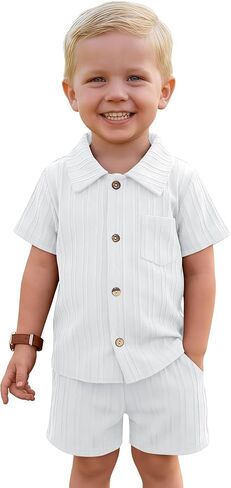 Toddler Baby Boy's Clothes Set Ribbed Button-down Cotton Shirt Tops and Shorts Summer Outfit 2 Pcs with Pockets in Kuwait