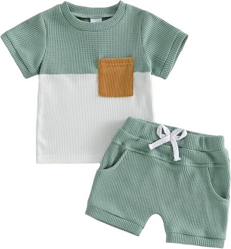 Toddler Baby Boy Summer Clothes Waffle Contrast Short Sleeve T-shirts Top Solid Shorts 2Pcs Outfit 6 12 18 24 Month in Kuwait