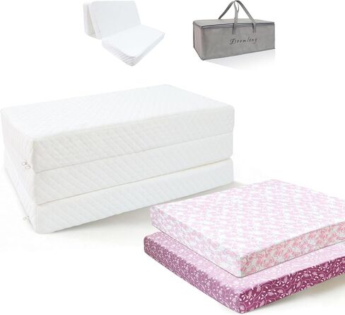 Trifold Pack and Play Mattress 38"x26"x3" – Thick Soft Memory Foam Portable Mattresses with Waterproof Cover & 2 Pack Ultra Soft Stretchy Sheets(Leaves Pattern) in Saudi Arabia