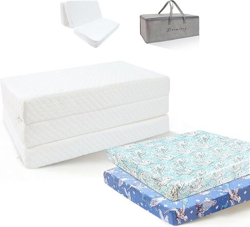 Trifold Pack and Play Mattress 38"x26"x3" – Thick Soft Memory Foam Portable Mattresses with Waterproof Cover & 2 Pack Ultra Soft Stretchy Sheets(Leaves Pattern) in Saudi Arabia