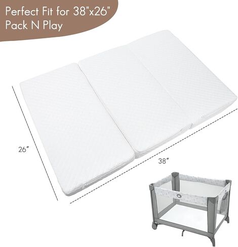 Trifold Pack and Play Mattress 38"x26"x3" – Thick Soft Memory Foam Portable Mattresses with Waterproof Cover & 2 Pack Ultra Soft Stretchy Sheets(Leaves Pattern) in Saudi Arabia